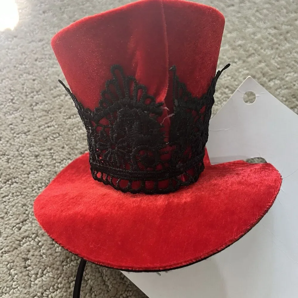 Victorian Steampunk Mad Hatter Red Velvet Mini Top Hat Fascinator Headband Blk